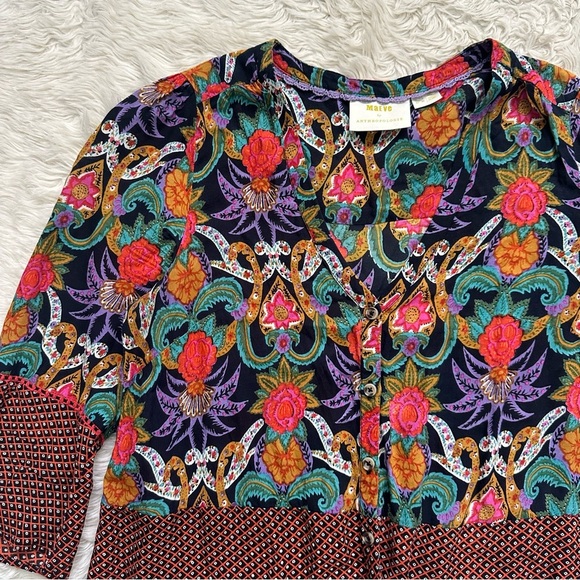 Anthropologie Maeve Top Carter Blouse Button Front Tie Waist 3/4 Sleeve Floral 4 - Picture 5 of 12